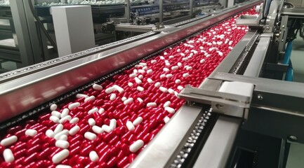 Naklejka premium Pharmaceutical Production: Capsules on a Conveyor Belt
