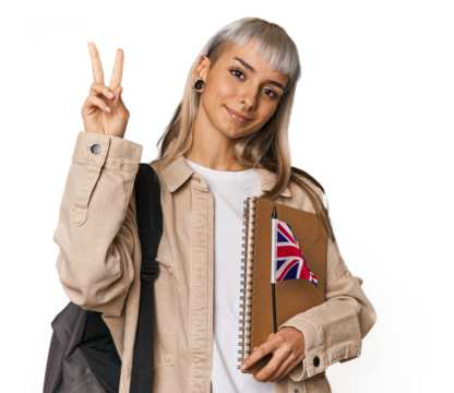 Young erasmus student with books showing number two with fingers.