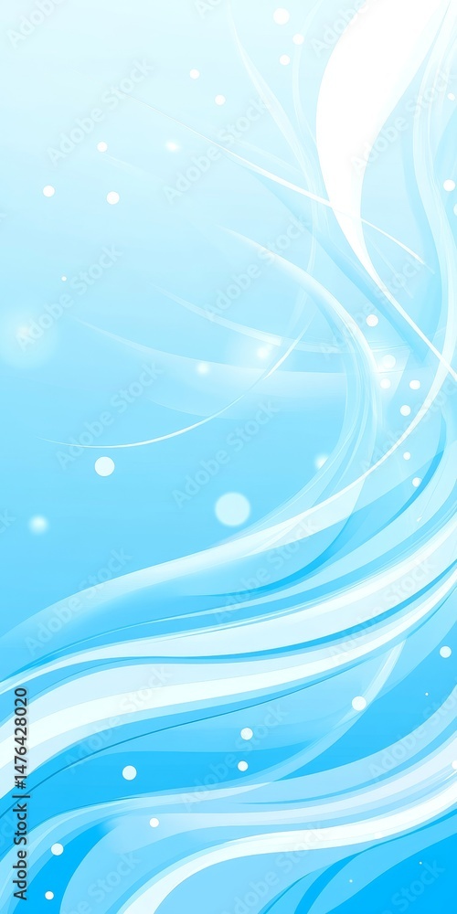 Poster abstract light blue background with delicate dynamic flowing waves on monochrome color gradient