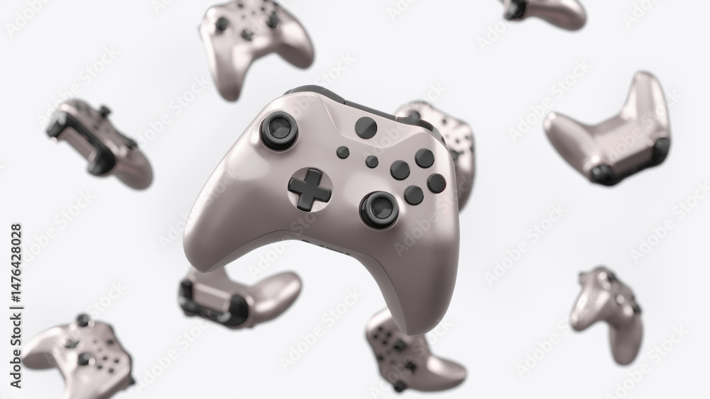 Poster realistic video game joysticks or gamepads rotating and falling on white