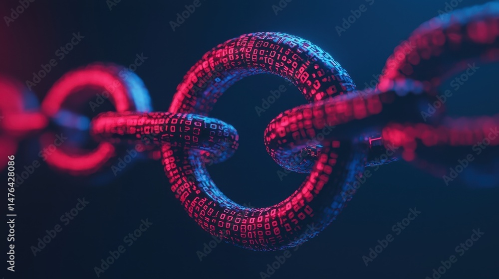 Poster digital chain link with binary code visualization in vibrant blue and red lighting for technology co