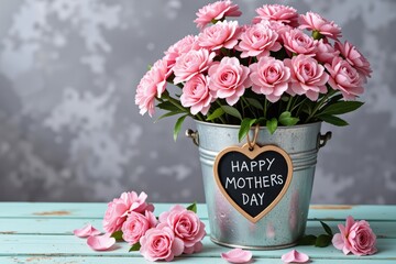 Happy Mother s Day Pink Roses in Metal Bucket Spring Flowers Floral Arrangement