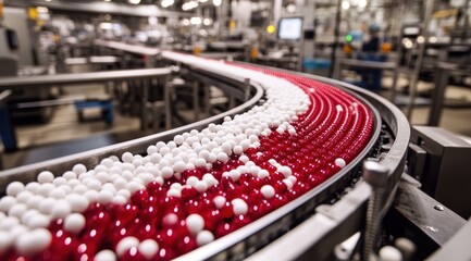 Obraz premium Conveyor Belt of Pharmaceutical Production: White and Red Pills on a Modern Assembly Line