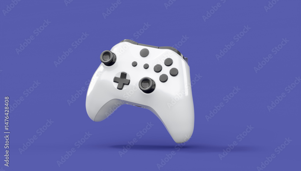 Poster realistic white video game joystick or gamepad on violet background