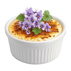 Cr�me br�l�e garnished with violets in a white ramekin