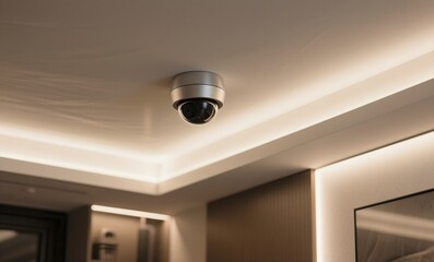 Modern Dome Security Camera Integrated in Recessed Ceiling Design with Ambient Lighting in Contemporary Home Interior