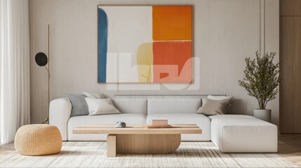 Minimalist room with a white sofa, abstract painting, wooden coffee table, and textured poufs on a soft area rug