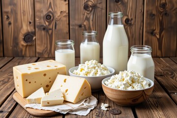 Dairy Products Assortment Milk Cheese and Cottage Cheese on Wooden Table