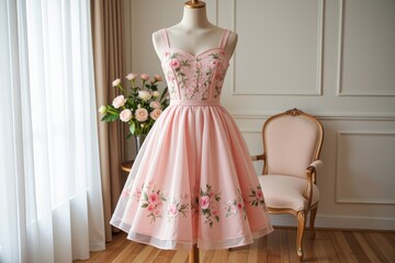 Elegant Pink Floral Embroidered A Line Dress on Mannequin
