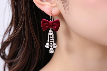 Elegant Red Velvet Bow and Crystal Dangle Earrings on Woman