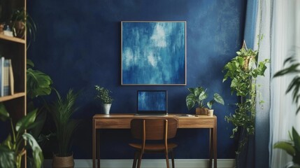 Navy with abstract art, plants, wooden furniture, and a deep blue color palette