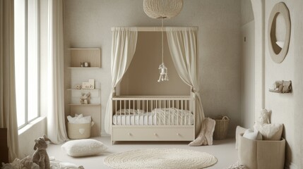 Neutral-tone kid's room with a crib, mobile, and soft rugs in a calm setting