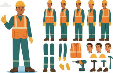 Construction worker, builder in helmet, vest, uniform. Character constructor for animation. Front, side and back view setS. Body parts, postures, poses collection. Vector illustration