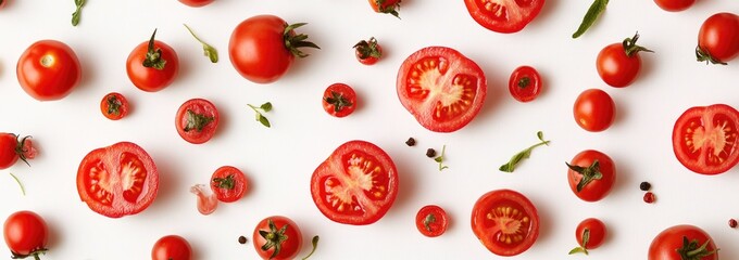 Vibrant red tomatoes, whole and halved, arranged on a white background with fresh herbs and peppercorns