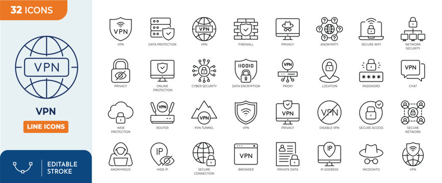 VPN icon set. Containing secure connection, cybersecurity, privacy, encrypted, proxy, firewall, online protection and more. Outline Icon Collection. Editable stroke. Vector illustration	