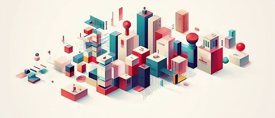 Abstract Isometric Cityscape Rendered with Geometric Forms on a Clean White Backdrop
