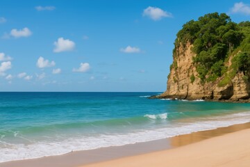 Naklejka premium Serene Tropical Beach Scene Turquoise Water Meets Sandy Shore and Lush Cliff