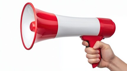 Bright Red and White Megaphone Held in Hand for Announcements, Events, and Public Speaking Activities