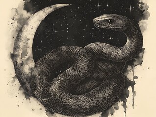 Mysterious snake illustration wrapped around crescent moon with cosmic stars high resolution photo