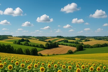 Sunny Summer Landscape Rolling Hills Sunflower Field Idyllic Countryside Scenery