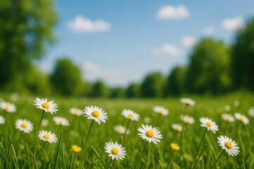 Beautiful Daisies in a Sunny Green Field Peaceful Spring Meadow Landscape with Blooming Flowers