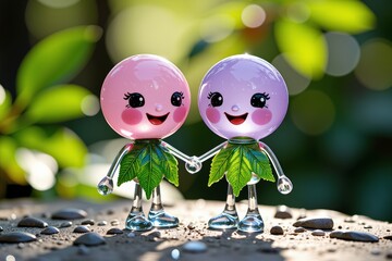 Adorable Pink and Purple Figurines Holding Hands in a Sunny Garden