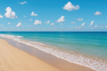 Obraz premium Serene Tropical Beach Scene Azure Ocean Waves Gently Lap Golden Sand Under a Blue Sky with Fluffy White Clouds