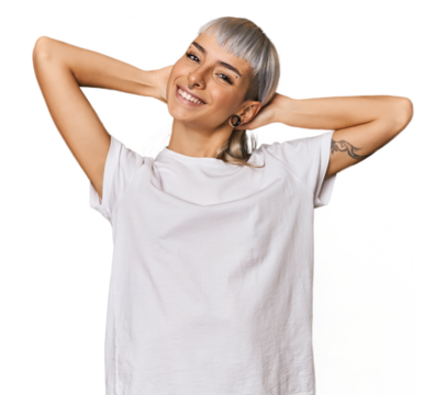 Young caucasian young woman in studio stretching arms, relaxed position. - Powered by Adobe