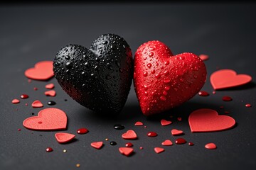 Romantic Black and Red Hearts with Water Droplets Valentine s Day Concept