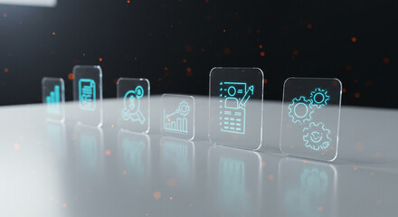 Digital business interface represented by graphical icons on transparent surfaces, showing data, files, finance, growth, processes.