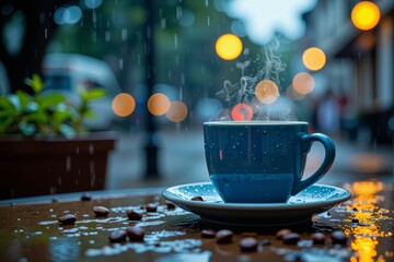 Warm Coffee in Blue Mug on Rainy Day City Street Background