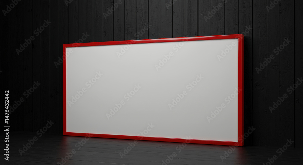 Poster red framed empty white board displaying on a dark textured surface with shadow and light contrast