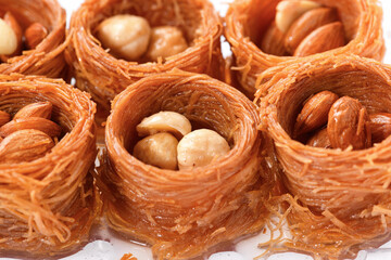 Sweet food Turkish delight, traditional food, bird's nest with honey and nut