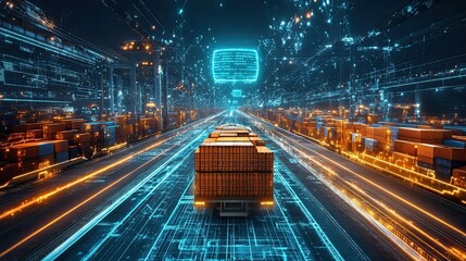 A futuristic view of shipping containers on a truck with digital network and glowing lines around it