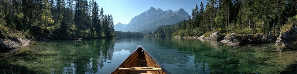 Serene lake with canoe and majestic mountains in scenic forest landscape