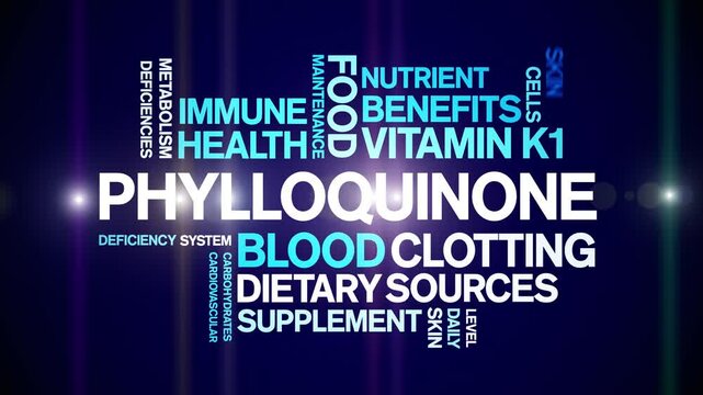 Phylloquinone Vitamin K1 animated word cloud;text design animation tag kinetic typography seamless loop.