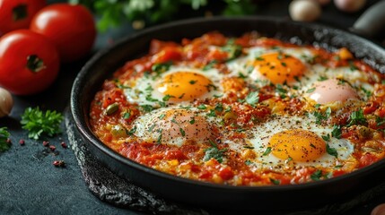 Fototapeta premium Savory dish of eggs cooked with vegetables in a pan.