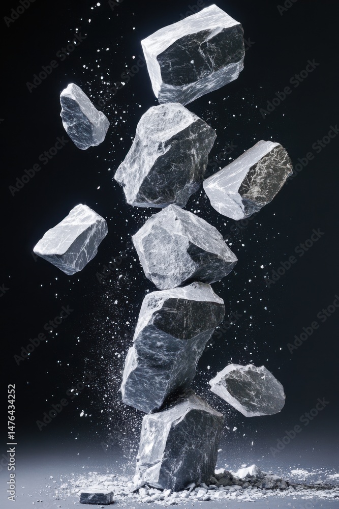 Poster dynamic composition of falling rocks with dust particles on dark background studio shot abstract
