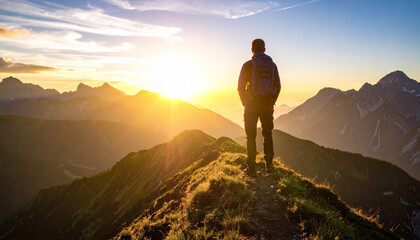 Paisaje con la silueta de un hombre aventurero subiendo con éxito a la cima o cumbre de una montaña mirando hacia el sol del horizonte al atardecer