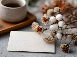 A blank white card rests beside dried flowers and a cup of tea on a rustic grey surface perfect for elegant stationery mockups.