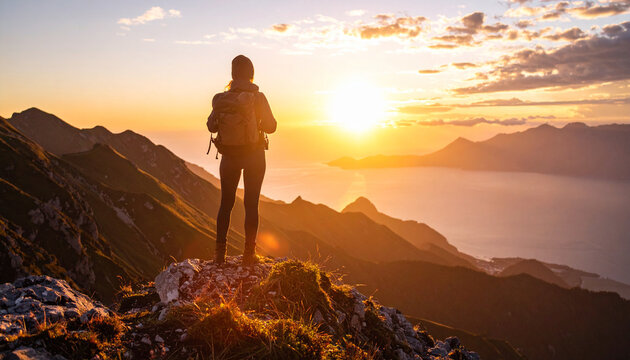 Paisaje con la silueta de un hombre aventurero subiendo con &eacute;xito a la cima o cumbre de una monta&ntilde;a mirando hacia el sol del horizonte al atardecer