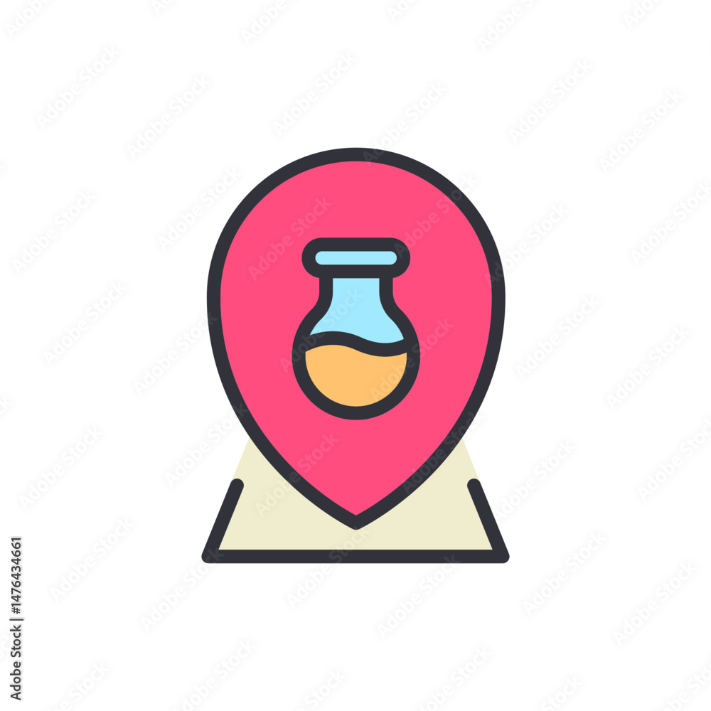 Poster scientific location indication represented by pink pointer with erlenmeyer flask