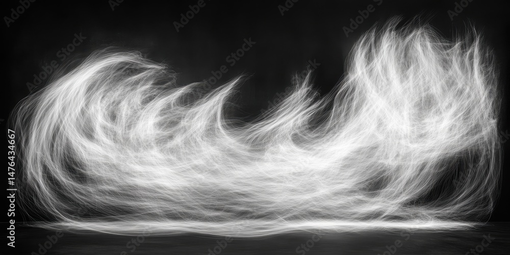 Poster abstract wave of light, flowing and dynamic. soft, white, ethereal energy cascading across a dark ba