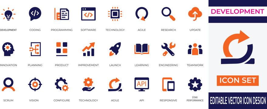 A modern and minimal icon set covering key aspects of development, software engineering, coding, agile processes, product planning, and innovation. Perfect for tech presentations and workflow visuals