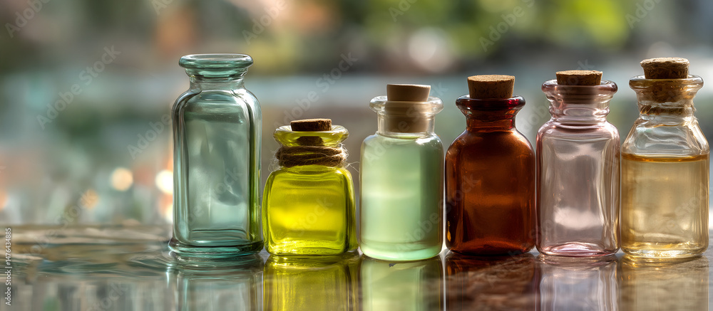 Fototapete abstract minimal concept. rows of colourful little rustic bottles jar on shining table with natural 