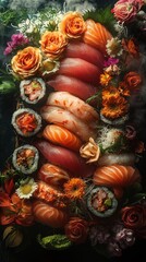 A beautifully composed sushi platter adorned with an array of colorful and fragrant flowers.