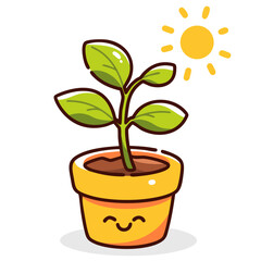 Happy cute houseplant flowerpot with potted plant sprout growing with the sun, doodle cartoon character, kawaii isolated clean and simple vector illustration