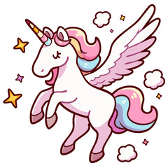 Cute flying pastel rainbow unicorn with wings, pegasus doodle cartoon character, kawaii isolated clean and simple vector illustration