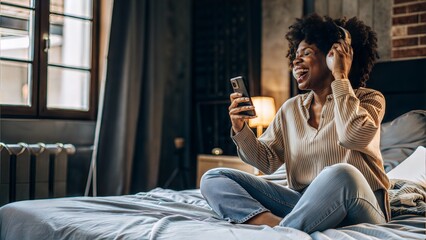 Naklejka premium Funky Afro Singer Jamming at Home – Gen-Z African American Woman in Headphones for Music Apps, Youth Brands & Diversity Marketing