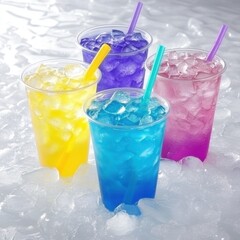 Refreshing colorful drinks on ice close-up studio shot; yellow, blue, purple, pink beverages with straws in plastic cups